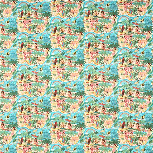turquoise Hawaii beach fabric from the USA surfboard flowers 2