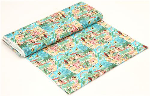 turquoise Hawaii beach fabric from the USA surfboard flowers 3