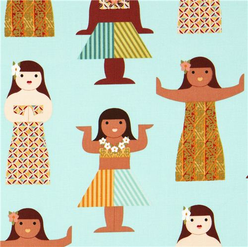 turquoise Hula girls dolls fabric par Michael Miller 1