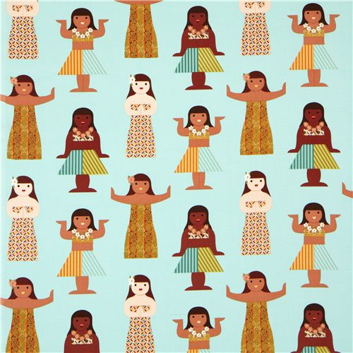 turquoise Hula girls dolls fabric par Michael Miller 2