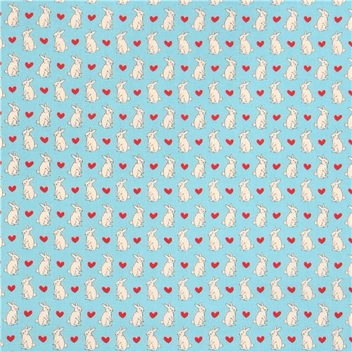turquoise Lecien fabric cream bunny rabbit red heart 2
