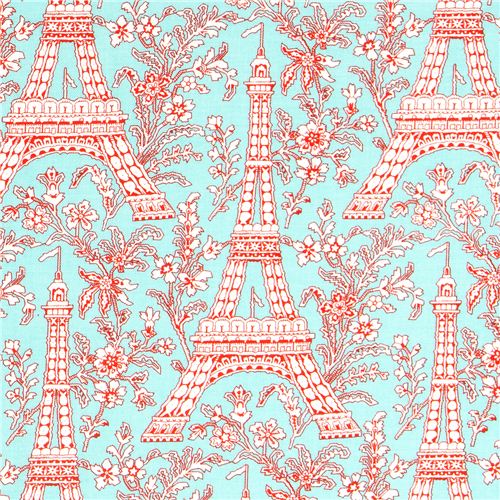 Tela turquesa de Michael Miller con Torre Eiffel y flores Tela