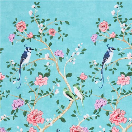 turquoise Michael Miller fabric flower bird Chinoiserie Border - Animal ...