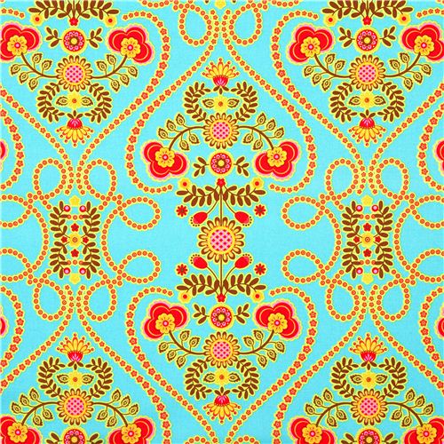 turquoise Michael Miller fabric with flowers and hearts 1