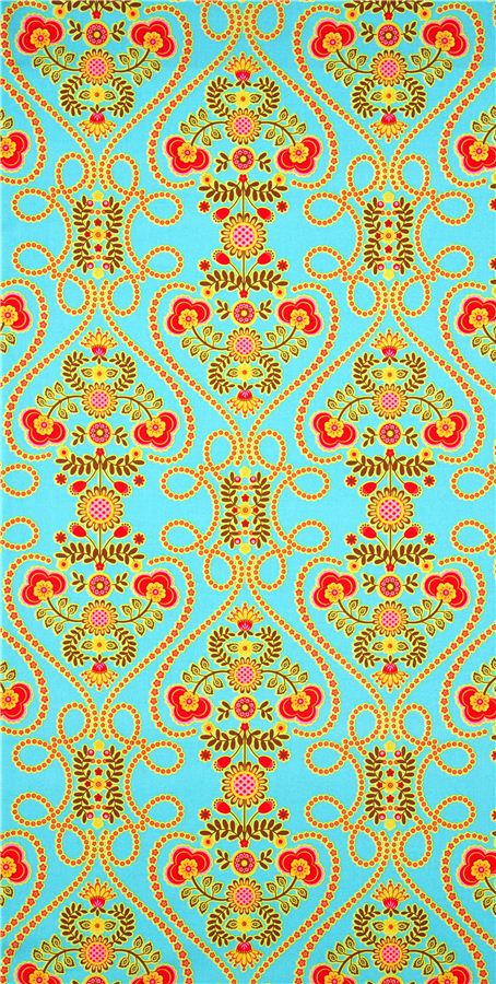 turquoise Michael Miller fabric with flowers and hearts Fabric by ...