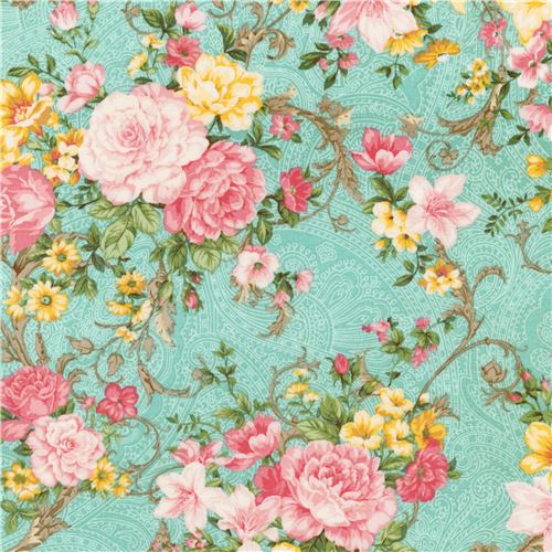 turquoise Robert Kaufman fabric flower Lady Elizabeth 2