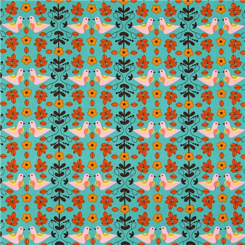 turquoise Robert Kaufman fabric with bird flower leaf  2