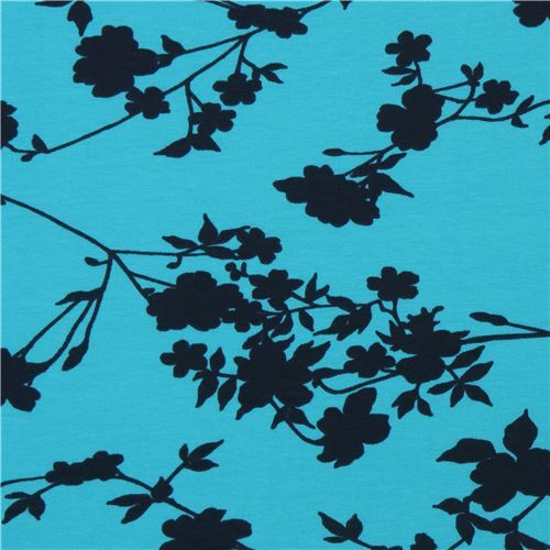 Resto de (26 x 156 cm) - Tela de punto turquesa de Stof Fabrics con flores  negras - modesS4u
