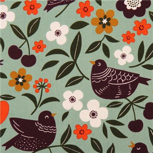 turquoise bird flower oxford fabric by Cosmo from Japan 1