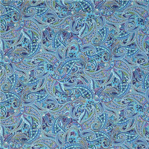 turquoise blue fabric Paisley colorful gold metallic by Timeless Treasures 2