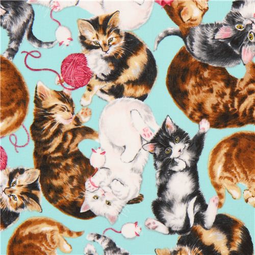 turquoise cat animal fabric Robert Kaufman Whiskers & Tails 1