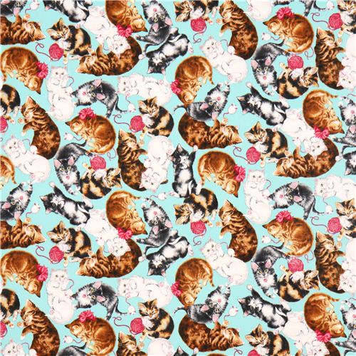 turquoise cat animal fabric Robert Kaufman Whiskers & Tails 2