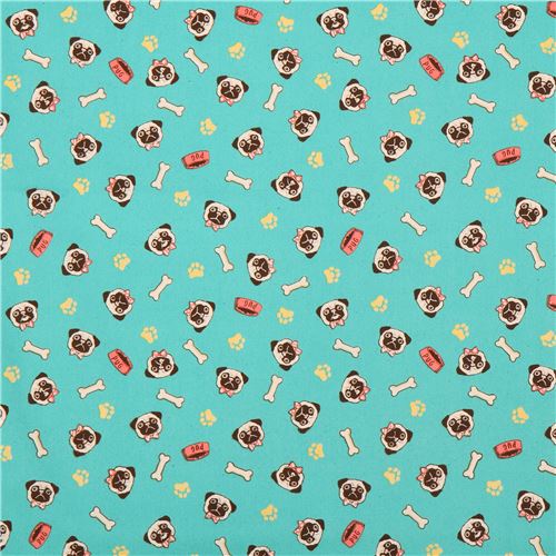 turquoise cute pug dog face bone paw print oxford fabric Cosmo Japan 2