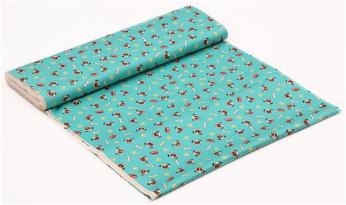 turquoise cute pug dog face bone paw print oxford fabric Cosmo Japan 3