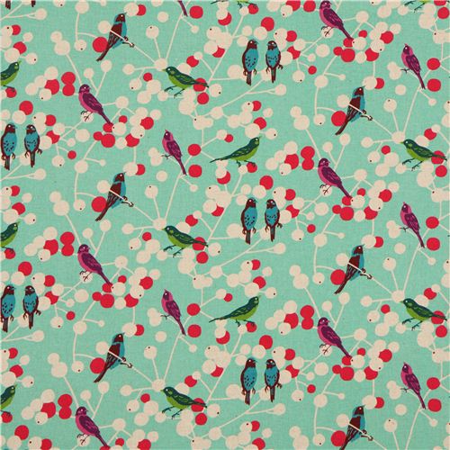turquoise echino birds and berries canvas fabric cherry 2