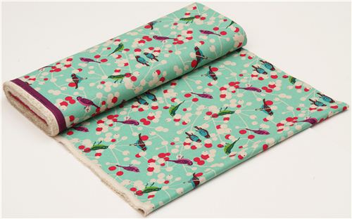 turquoise echino birds and berries canvas fabric cherry 3