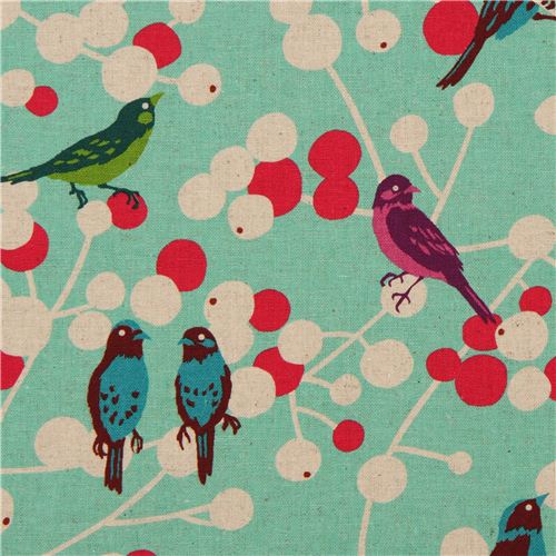 turquoise echino birds and berries laminate fabric cherry 1