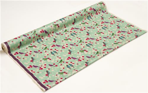 türkiser echino Vogel und Beeren Laminat Stoff cherry 3
