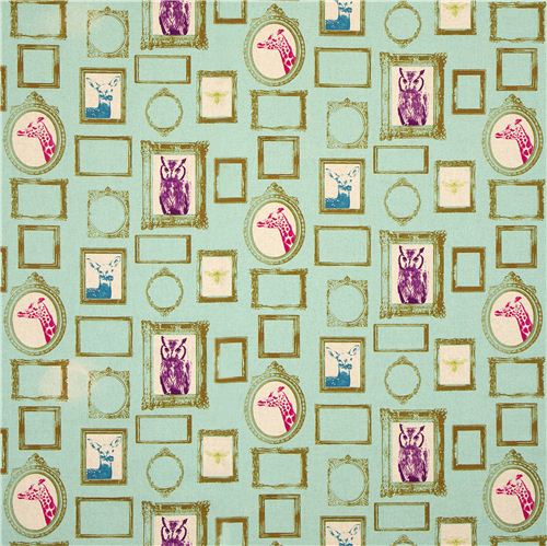 turquoise echino canvas fabric Frame owl giraffe deer Fabric by Echino ...