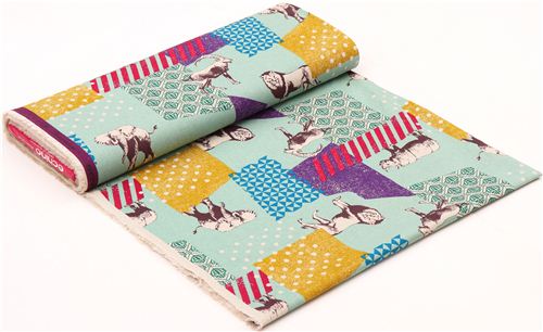 turquoise echino zon canvas fabric pattern safari animals from Japan 3