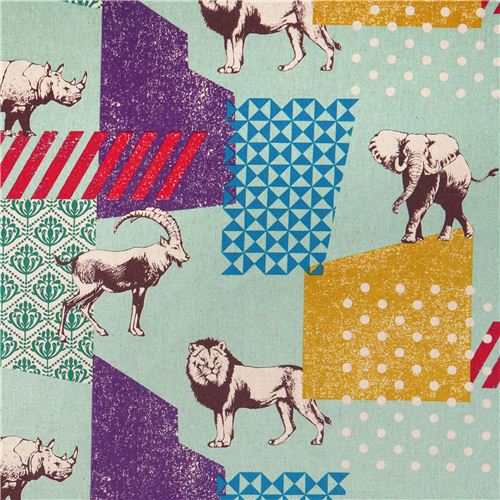 turquoise echino zon canvas laminate fabric pattern safari animals from Japan Fabric
