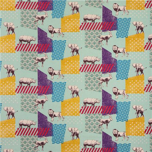 turquoise echino zon canvas laminate fabric pattern safari animals from Japan 3