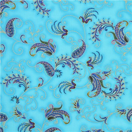 turquoise fabric Paisley colorful flower gold metallic by Timeless Treasures 2