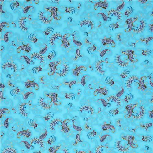 turquoise fabric Paisley colorful flower gold metallic by Timeless Treasures 3