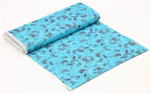turquoise fabric Paisley colorful flower gold metallic by Timeless Treasures 4