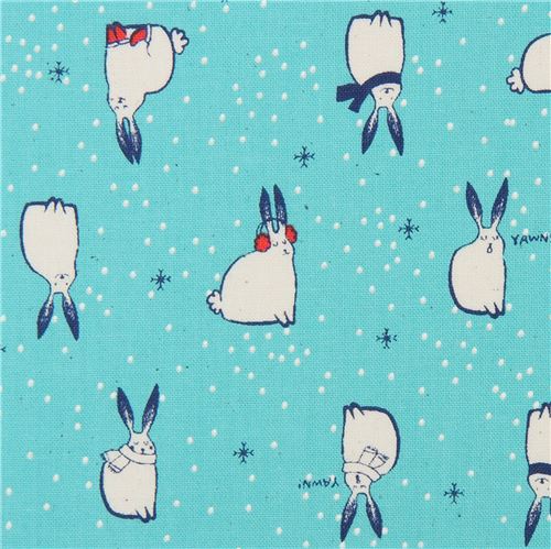 turquoise fabric with bunny rabbit animal winter fabric by Cotton and Steel 1