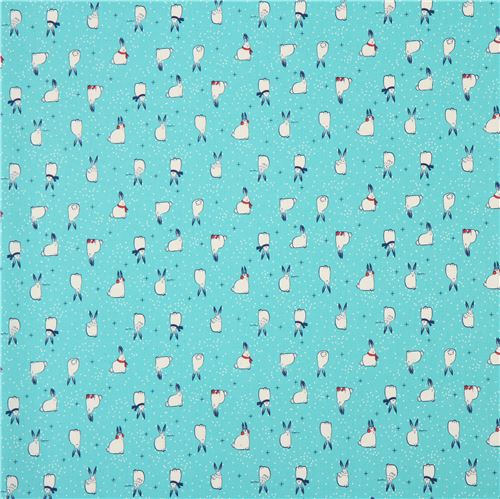 turquoise fabric with bunny rabbit animal winter fabric by Cotton and Steel 2