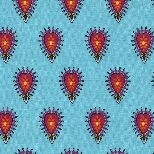 turquoise fabric with cute pear shape heart leaf design by Timeless Treasures Fabric