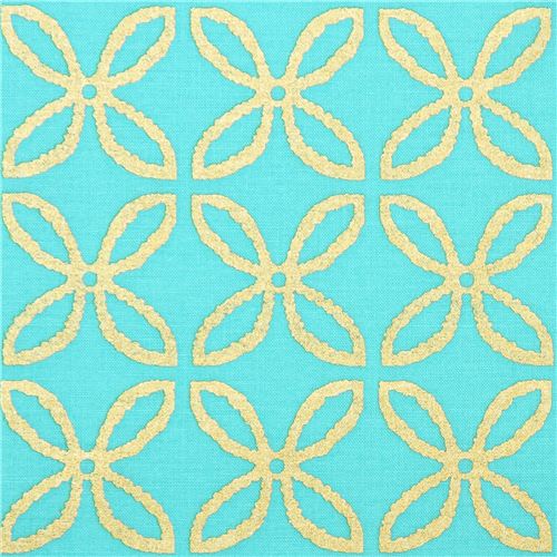 turquoise fabric with shiny gold color flower design by Michael Miller