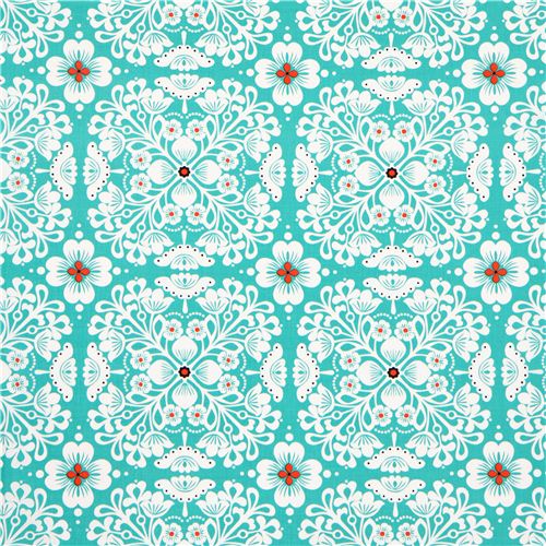 turquoise flower fabric with flower ornaments Michael Miller 2