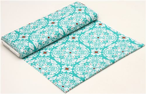 turquoise flower fabric with flower ornaments Michael Miller 3
