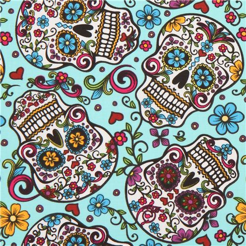 turquoise flower skull fabric Folkloric Skulls USA 2
