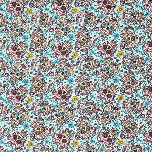 turquoise flower skull fabric Folkloric Skulls USA 3