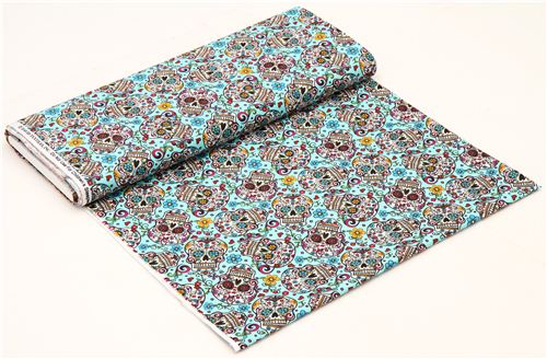 turquoise flower skull fabric Folkloric Skulls USA 4