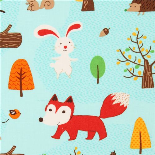 turquoise forest animal fabric Robert Kaufman fox rabbit modeS4u