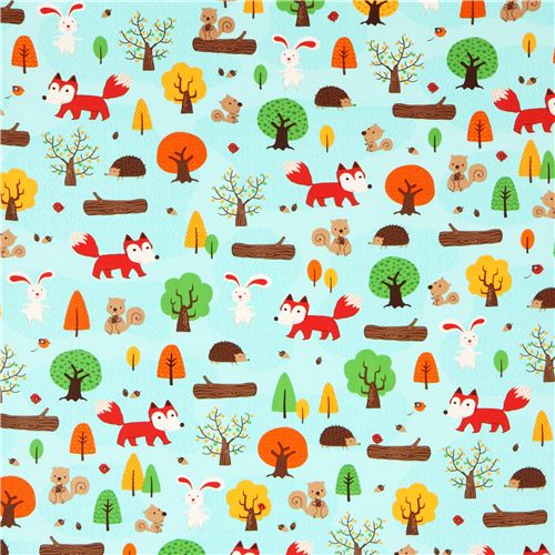 turquoise forest animal fabric Robert Kaufman fox rabbit - modeS4u