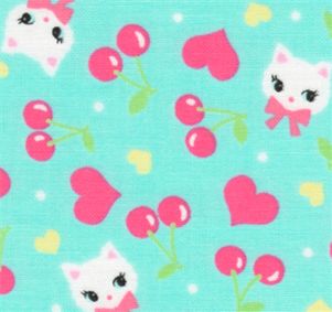 turquoise kitty cherry Japanese fabric Lecien 1