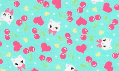 turquoise kitty cherry Japanese fabric Lecien 2