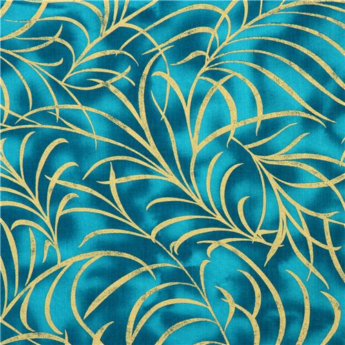 turquoise leaf gold glitter fabric by Timeless Treasures  2