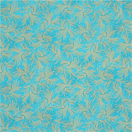 turquoise leaf gold metallic fabric Robert Kaufman Studio RK Fabric by