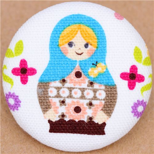 turquoise matryoshka fabric button white button Japan 1