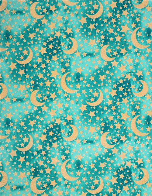 turquoise-sea green Moon and Stars glitter fabric Michael Miller USA 4