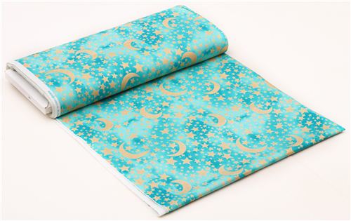 turquoise-sea green Moon and Stars glitter fabric Michael Miller USA 6