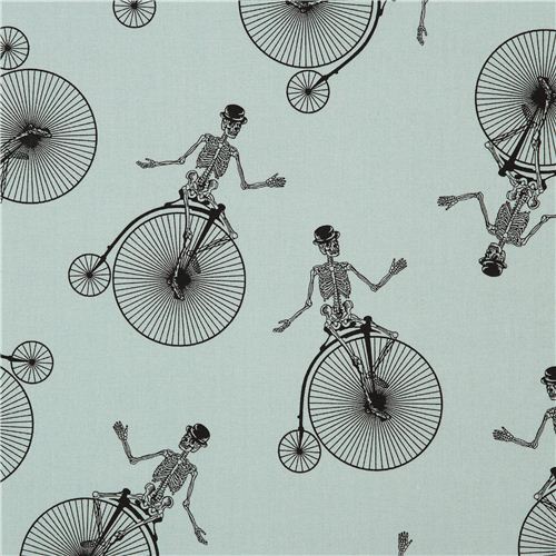 turquoise skeleton bicycle skulls fabric by Andover USA 1