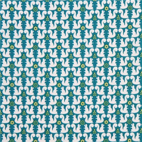 turquoise squirrel flower pattern fabric from Japan - modeS4u