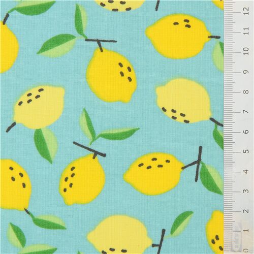 turquoise water repellent laminate fruit fabric with yellow lemons ...